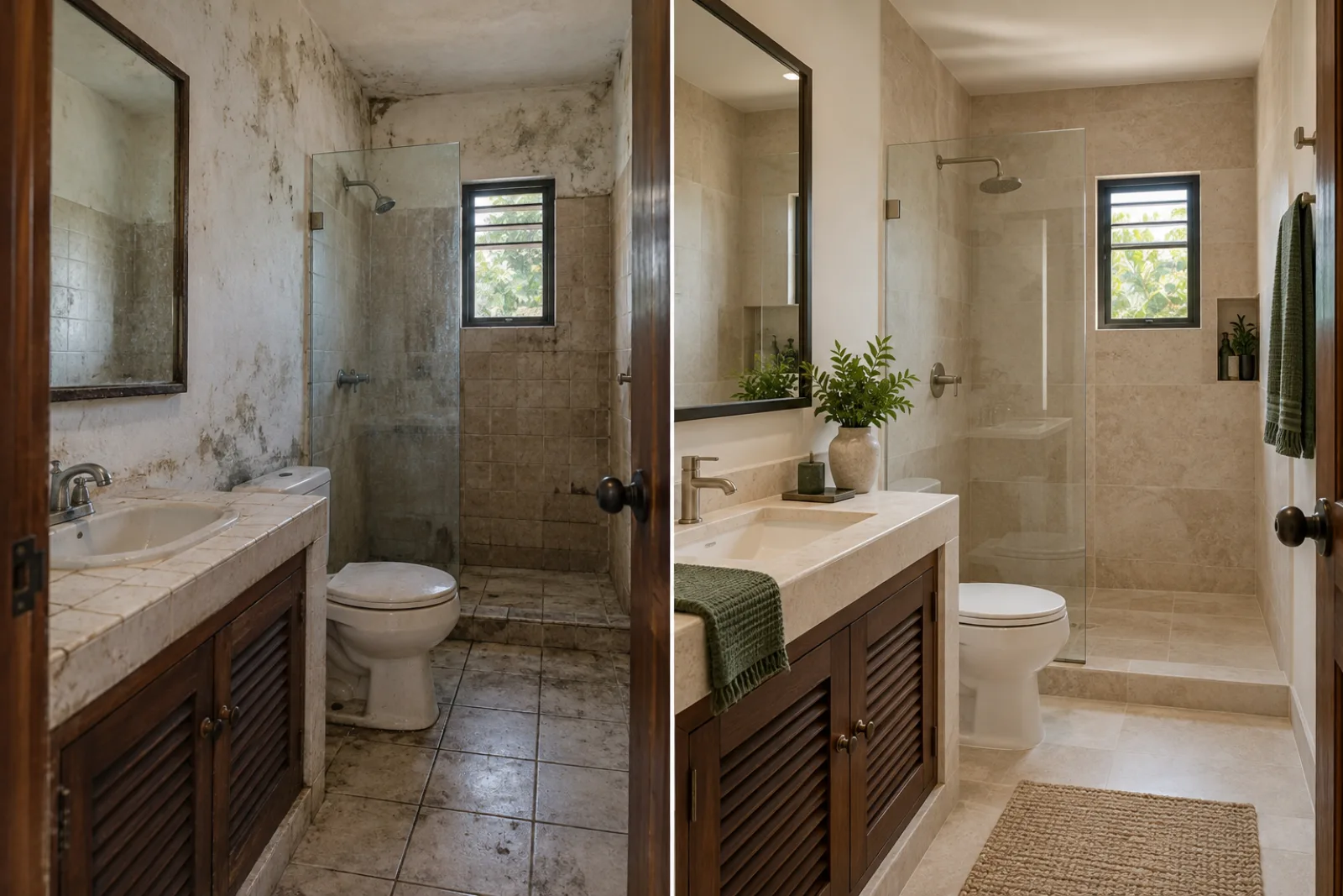 Comparación antes y después de una remodelación de baño con humedad corregida y nuevos acabados