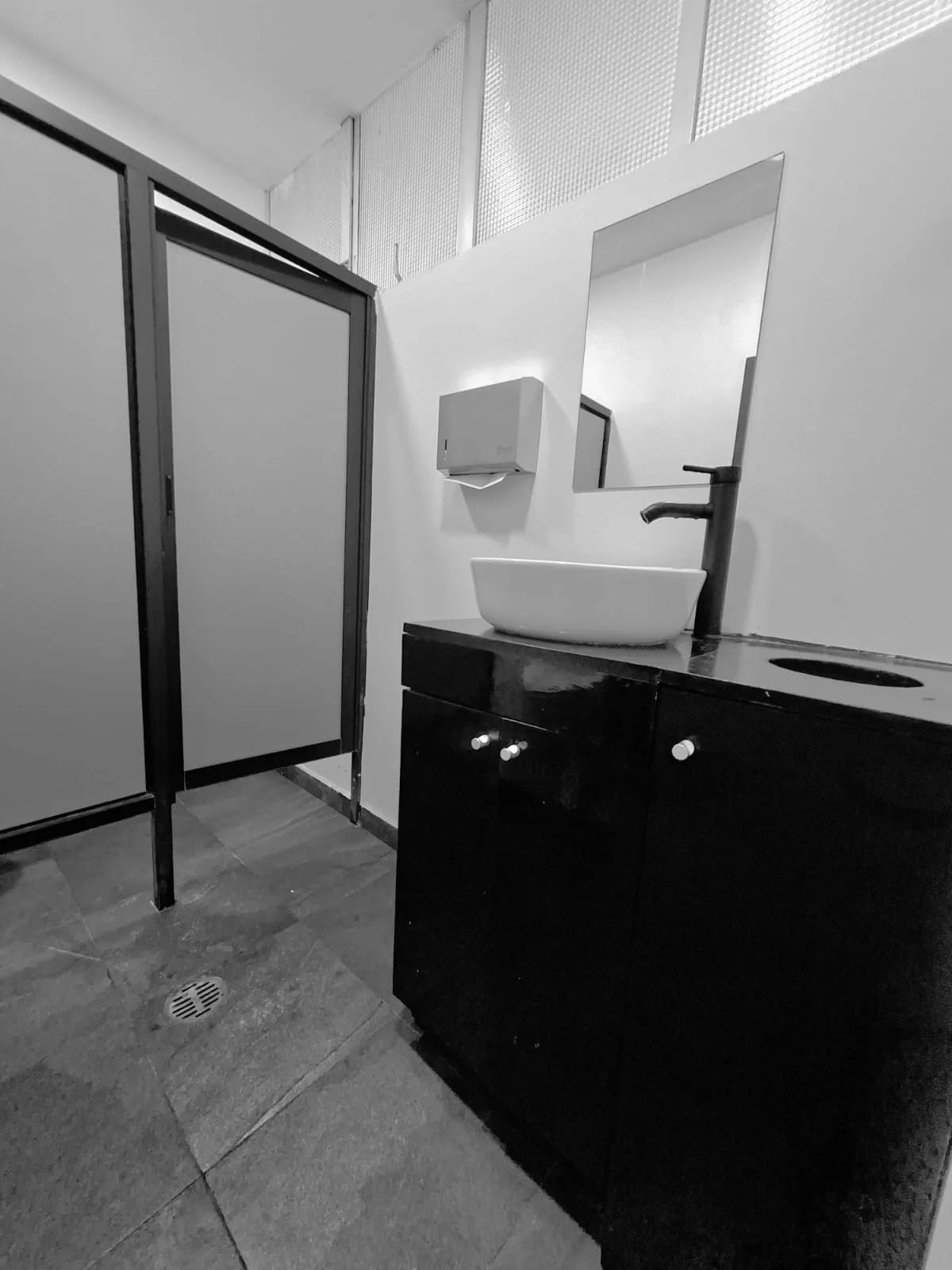 Área de lavabo con espejo, cubierta oscura y divisiones