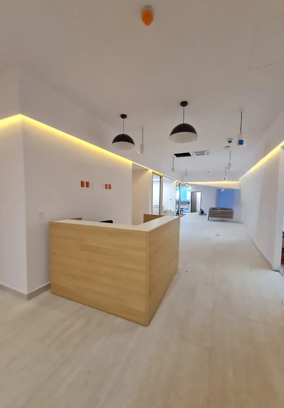 Recepción con mostrador de madera e iluminación indirecta