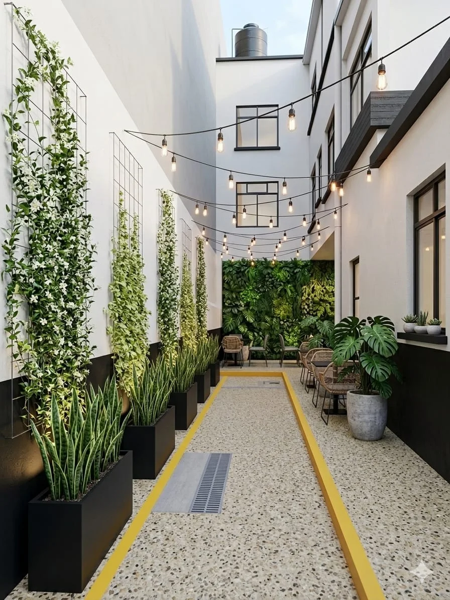 Acceso exterior con vegetación y celosías